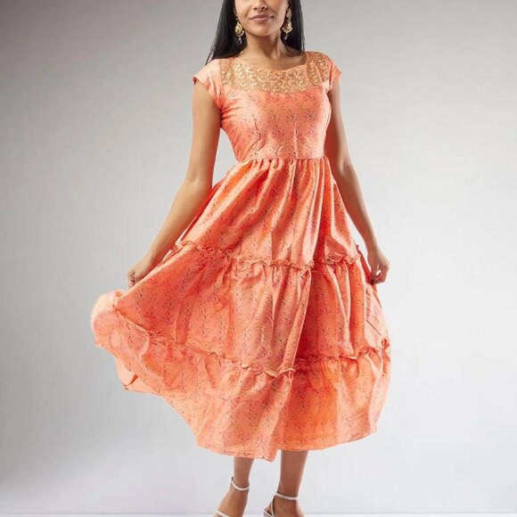 Orange Printed Silk Knee-Length Tiered Dress | Muvvas Boutique - Picture 2 of 5